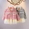 Robes fille 1-4 ans doux deux pièces jupe en gaze à manches longues bébé robe manteau à carreaux costume printemps et automne vêtements pour enfants