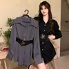 Kvinnors blusar Spring Vintage Chiffon Shirts For Women Fashion Wid Down Collar Long Sleeve Casual With Belt Office Lady Elegant Top Female