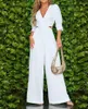 Kvinnors tvåbitar byxor 2023 Kvinnor Jumpsuit Fashion V Neck Lång ärm LAPEL SOLID FÄRG LACE UP Nippad midja Casual Loose Wide Ben Romper