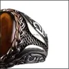 Pierłdy ślubne Vintage Brown Tiger Eye Stone Pierścień dla mężczyzn Kobiety Turkish ręcznie robione grawerowane grawerowane oświadczenie Retro Band 1898 T2 Drop de Dhzt6