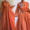 Elegante oranje lange mouwen 3D bloemen kant Dubai prom jurken A-line chiffon islamitisch Arabisch Lange avondjurk Robe de Soiree BM0844