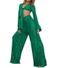 Women's Two Piece Pants Women Two-piece Suit Solid Color Deep V-neck Tie Front Crop Tops And Straight-leg Trousers Outfit