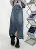 Rokken Mode Vrouwen Denim Rok 2023 Herfst Winter Hoge Taille Side Slit Jean Halverwege de Kuit Vrouwelijke Effen Kleur casual A-lijn Bodems