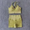 アクティブセットウェアボールの女性リブ洗浄シームレスヨガセットクロップトップブラショーツ衣装トレーニングフィットネススポーツスポーツスーツ服