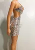 Stage Wear Silver Mirrors Hollow Transparent Short Dress Women Dancer Show Costume Evening Birthday Celebrate Backless