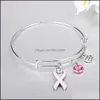 Braccialetti con ciondoli Nastro rosa da donna per la consapevolezza del cancro al seno femminile Estensibile Bracciale in filo di argento Bracciale sopravvissuto infermieristico Regalo Goccia D Otki8