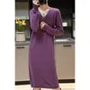 Casual Dresses Winter Women Long Straight Jumper Pure Wool Knitted Pullover Lady V-neck Loose Soft High Quality Sweater Dress