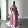 Ethnic Clothing Ramadan Eid Satin Abaya Dubai Turkey Muslim Fashion Robe Dress Solid Color Abayas For Women Islamic Modest Kaftan Black