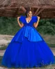 2023 Abiti da ballo blu royal Satin Tulle Senza maniche Cristalli In rilievo Una linea Profondo scollo a V Lunghezza del pavimento Abito da sera su misura Abiti formali Ocn Abiti Plus Size 401