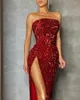 Sıradan Elbise Pullu Straplez Gece Elbise Kadınlar 2023 Yaz Bahar Seksi Kırmızı Yüksek Yarık Zarif Parti Kulübü