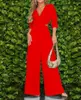 Kvinnors tvåbitar byxor 2023 Kvinnor Jumpsuit Fashion V Neck Lång ärm LAPEL SOLID FÄRG LACE UP Nippad midja Casual Loose Wide Ben Romper