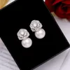 Elegant Freshwater Pearl Camellia Flower Stud Earrings for Women Luxury Diamond Zircon Stud Ball Pearl Earring Fashion Wedding Jewelry Nice Gift