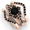 Wedding Rings 3Pcs/Set Unique Black Stone Prong Setting Rose Flower Love Heart Design Gold Color Women Engagement Fashion Jewelry