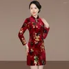 Ethnic Clothing 2023 Chinese Improved Velvet Qipao Traditional Cheongsam Vintage Flower Print Evening Party Dress Oriental Vestidos