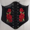 Belts Embroidered Black Women Belt Flower Floral Waist Corset Beautiful Stretch Elastic Waistband Wide Lace Up PU Leather Slim