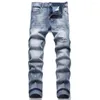 Heren jeans mannen gescheurd stretch denim geschilderde gaten patchwork slanke taps toelopende broek trendy streetwear blauwe broek