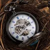 Pocket Watches Black Chain Skeleton Mechanical Watch Antique Steampunk Hand Wind Fob With Blue Gem Men Women Present Box Collection