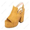 Heelslover Women Platform Sandaler Patted Chunky Heels Round Toe Pretty Yellow Party Shoes Plus oss storlek 5-10.5