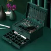 Sieradenzakken wij 3-laags groene stud organizer grote ring ketting make-up houder cases fluweel doos met slot voor vrouwen