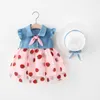 Meisjesjurken patchwork prinses mouw aardbeien hoed jurk babymeisjes denim tule set baby 6m-3y bordeauxrode kant