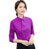 Women's Blouses High Quality Autumn White Purple Bow Tie Chiffon Women Blouse Elegant Ladies Long-Sleeve Blue Shirt Work Wear Formal Office