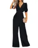 Kvinnors tvåbitar byxor 2023 Kvinnor Jumpsuit Fashion V Neck Lång ärm LAPEL SOLID FÄRG LACE UP Nippad midja Casual Loose Wide Ben Romper