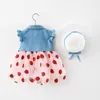 Meisjesjurken patchwork prinses mouw aardbeien hoed jurk babymeisjes denim tule set baby 6m-3y bordeauxrode kant