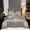 Bedding Sets Blue Satin Cotton Patchwork Duvet Cover Set 4pcs Luxury Gold Feather Embroidery Bedspread Sheet Pillowcases Home Textile