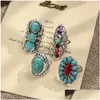 Bandringen mode -sieraden etnische stijl ring retro turquoise gesneden holte bloemenset 4 stcs/set drop levering dh3hc