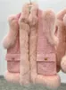 Coletes femininos m meninas inverno elegante rosa doce casacos de pele feminina grande bolso grande grosso quente de lã de retalhos coletes de colete