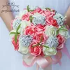 Flores de casamento Bouquet Bridal Bouquet Bridesmaid Artificial PE Rose Flower Fake Pearl Pink Supplies Festival Decorações