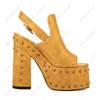 Heelslover Women Platform Sandals Studded Chunky Heels Round Toe Pretty Yellow Party Shoes Ladies Plus US Size 5-10.5