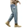 Mäns jeans baggy män harem byxor löst fit wide ben vintage kläder casual manlig denim byxor streetwear lappade fickor hiphop kpop