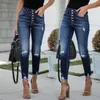 Damen-Jeans, Retro-Stil, hohe Taille, Vintage-Stil, mit geradem Bein, elastische, zerrissene, dünne Denim-Hosen, Knopfleiste, Y2K-All-Match-Frauenhose