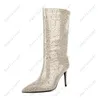 Heellover New Women Winter Mid Calf Boots Sexy Dunne Hoge Heels Pointed Toe prachtige paarse feestschoenen Ladies US Maat 5-13