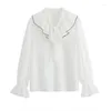 Kvinnors blusar 2023 Fashion Chiffon Women Blus and Tops Office Long Sleeve White Shirts With Tie V Neck Loose Female Clothing E76