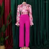 Kvinnors tvådelade byxor Stylish Lady Elegant Floral Printed 2 Set Women Flare Sleeve Bow Shirt and Wide Ben Pant Suits 2023 Autumn Party OL