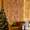 Cuerdas Luces de cadena LED remotas Cortina Batería USB Guirnalda de hadas Navidad para ventana Hogar Decoración al aire libre