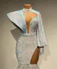 2023 Stunning Long Sleeve High Neck Sexy Mermaid Style White Sparkly Velvet Sequin African Black Girls Prom Dresses