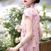 Etniska kläder yichengfengxu vintage rosa blommor tryck kort ärm qipao klänning kinesisk stil ung flicka bankett kväll cheongsam kvinnor