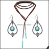 Earrings Necklace Summer Beach Leather Chain Women Feather Bead Pendant Fashion Bohemian Jewelry Sets Drop Delivery Ot76Q