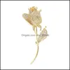 Pins Brooches Fl Diamond Rose Flower Pins For Female Luxury Suit Cor Designer Brooch Fashion Wedding Gold Jewelry 461C3 Drop Deliver Dh8Xg