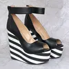 Heelsmakaker Women Platform Pumpar Comfort Wedges Heels Peep Toe Pretty Black White Stripped Party Shoes Us Plus Size 5-20