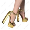 Heelsmaker Fashion Women Ankle Strap Sandals Glossy Chunky Heels Peep Toe Pretty Silver Gold Party Shoes Ladies US Storlek 5-20