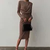 Casual Dresses Sylph Elegant For Women Solid Slim Long Sleeve Midi Dress Fashion Folds O-neck Vestidos Temperament Female Clothing