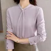 Blouses pour femmes Blusas Mujer De Moda 2023 Vêtements de mode élégant simple perle noeud haut tenue de bureau chemises violet clair à manches longues 1751