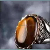 Pierłdy ślubne Vintage Brown Tiger Eye Stone Pierścień dla mężczyzn Kobiety Turkish ręcznie robione grawerowane grawerowane oświadczenie Retro Band 1898 T2 Drop de Dhzt6