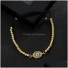 Braccialetti con ciondoli Gioielleria di moda Rame Placcato oro Zircone Smalto Bracciale occhio diabolico Occhi azzurri Corda regolabile Consegna a goccia Dhqob