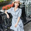 Casual Dresses Summer Office Lady Short Sleeve Dress Blue Grey Knee-Length For Sweet Girls At Work Buttons Luxury Birthday Gift