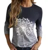 Kvinnors T -skjortor Kvinnor Fashion Gradient Dandelion Print Round Neck Long Sleeve American Retro Mujer Camisetas bekväm ropa andningsbar